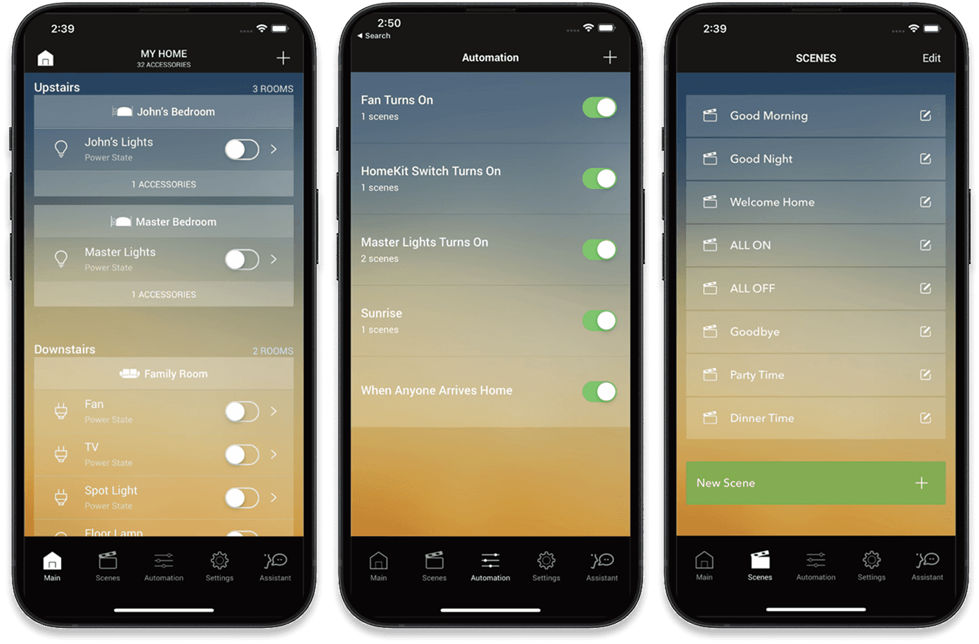 My Home app screens for rooms, automation and scenes