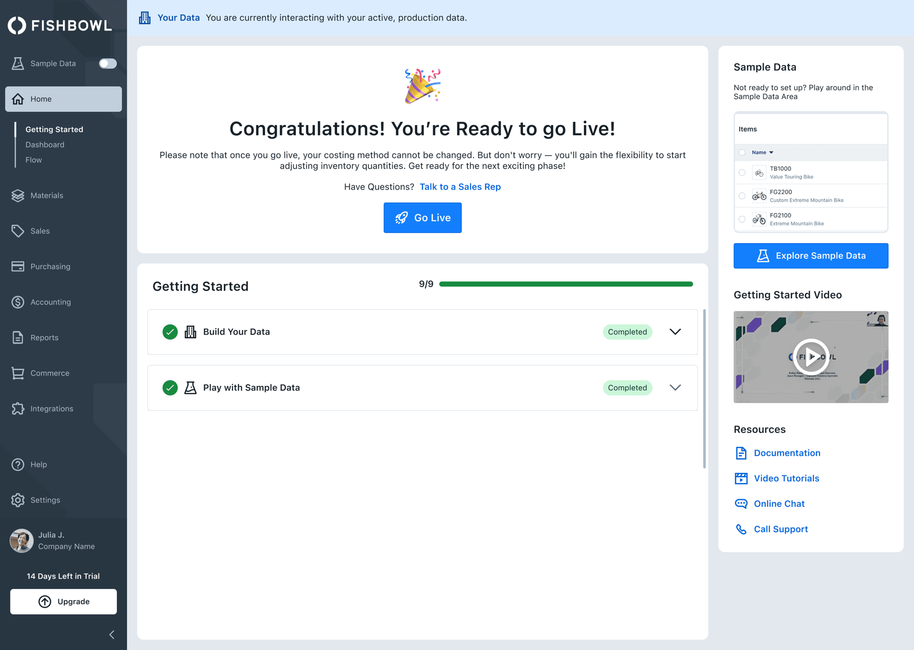 Fishbowl Drive getting started dashboard showing a completed onboarding checklist