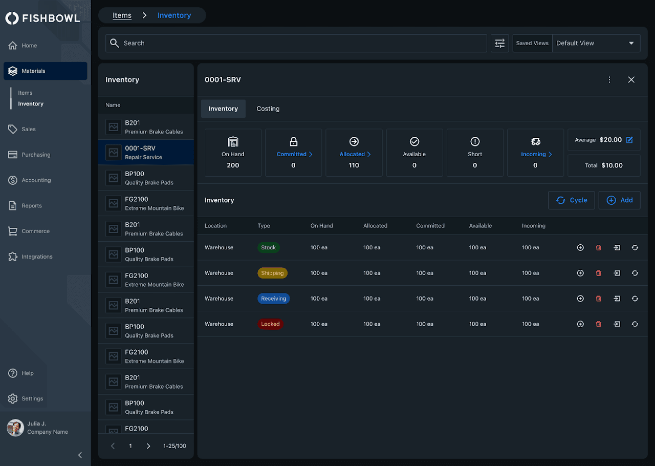 Fishbowl Drive inventory screen in dark mode